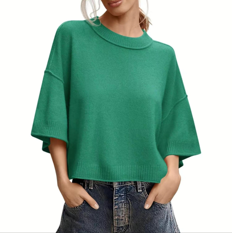 Amazon European and American women's short-sleeve knit top, summer large size cropped sweater, casual round-neck lightweight knit top Amazon European and American women's short-sleeve knit top, summer large size cropped sweater, casual round-neck lightweight knit top