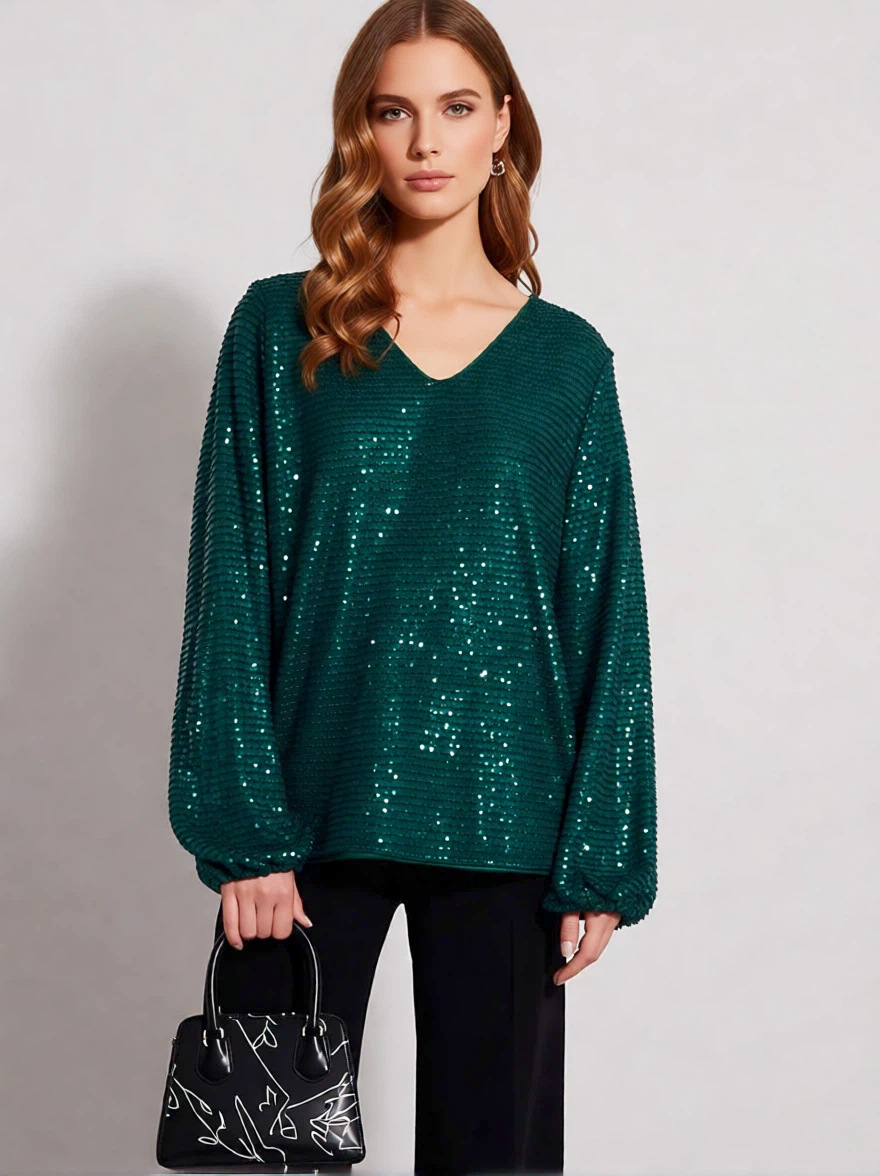 Elegant Women's V-neck Sequin Tunic Top, Long Sleeve Glitter Tee_voghion.com