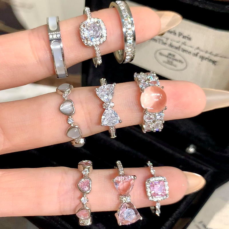 S925 Sterling Silver Flash Zircon Bow Love Ring Women's Light Luxury High-grade Finger Ring Niche All-match Ring S925 Sterling Silver Flash Zircon Bow Love Ring Women's Light Luxury High-grade Finger Ring Niche All-match Ring