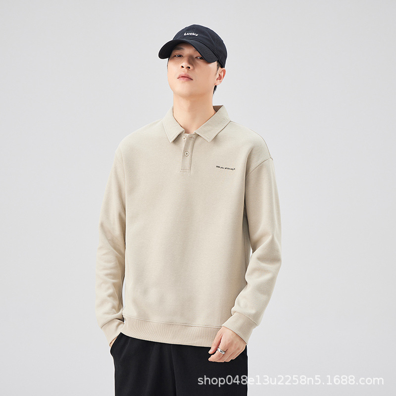 Autumn and Winter Trendy Brand Sweatshirt Men's Thickeneded Lapel Casual Loose Long-Sleeved Polo Shirt Collar T-Shirt Flap Pocket Pants Warm Top