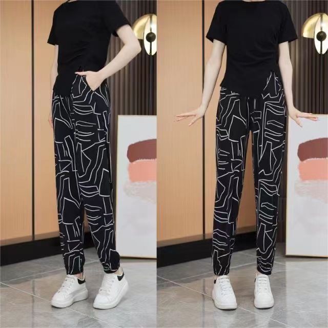 Ice Silk Wide-Leg Pants for Women, Summer Thin Long Pants, 2026 New Printed Casual Pants, High-Waisted with Drape and Pockets