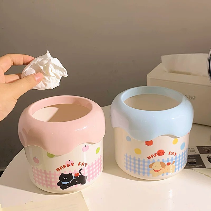 Dopamine Small House Desktop Trash Can Cute with Lid Storage Bin Car Mini Small Waste Paper Basket Sanitary Bin