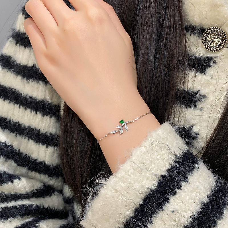 Pulsera de hoja de jade de alta calidad natural S925 con incrustaciones de plata esterlina fresca y dulce, joyería explosiva de todo fósforo de moda