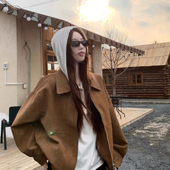 美拉德复古仿麂皮绒长袖外套女2025秋季新款宽松翻领休闲机车夹克