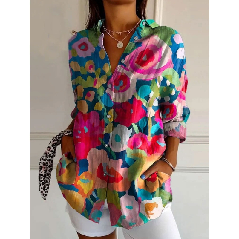 2025 新しい女性のロングシャツ女性の夏のヨーロッパとアメリカのトレンディな長袖シャツ花柄プリント 3D 裏地|undefined