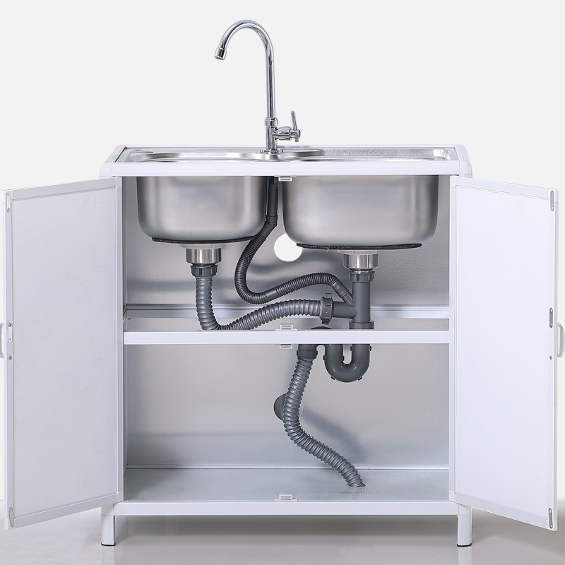 Gabinete de fregadero de acero inoxidable de cocina lavabo de verduras doble ranura con soporte multifuncional gabinete de almacenamiento de piscina