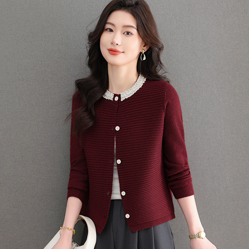 2026 Spring Women's Short Lace-Trimmed Knit Cardigan Single-Breasted Long-Sleeve Spring and Autumn Sweater Coat Women's Top