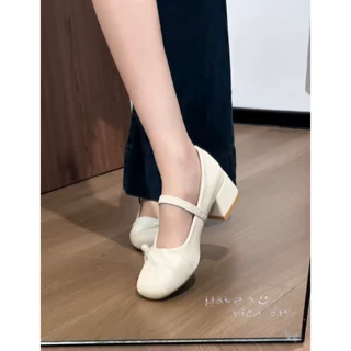 法式白色复古粗跟浅口单鞋女2026新款春夏仙女风软底芭蕾玛丽珍鞋