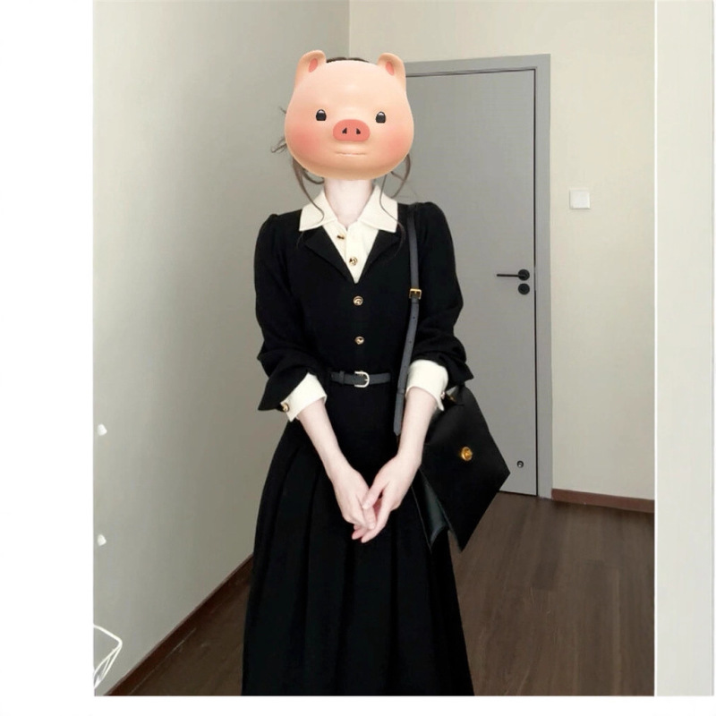 法式高级感黑色polo领衬衫连衣裙子女2025新款夏季穿搭假两件长裙|undefined