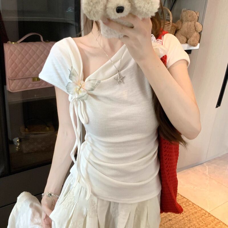 大码胖mm蝴蝶系带纯欲辣妹短袖t恤女夏季新款设计感修身显瘦上衣|undefined
