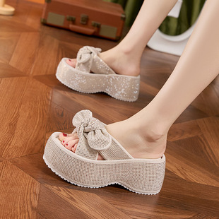 Thick Bottom Bow Slippers Women's 2025 Summer New Fashionable High-height Shoes Outer Wear Non-slip Rhinestone Sandals