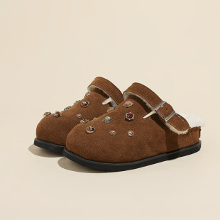 Autumn and Winter Genuine Leather Baotou Fleece-Lined Birkenstock Shoes Women's Half Slippers 2024 Outer Wear Versatile Slip-On Furry Shoes Women's Thick Soles