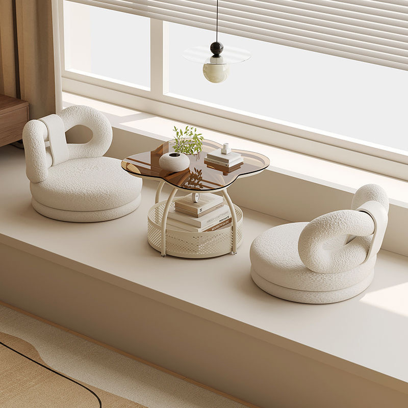 Home-Use Low Stool Lazy Sofa Chair in Off-White, 360-Degree Swivel Chair, Small Stool for Living Room, Bedroom Tatami with Backrest