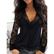 G 22397 Lace Trim V Neck Long Sleeve T-Shirt ��˿ƴ��T��