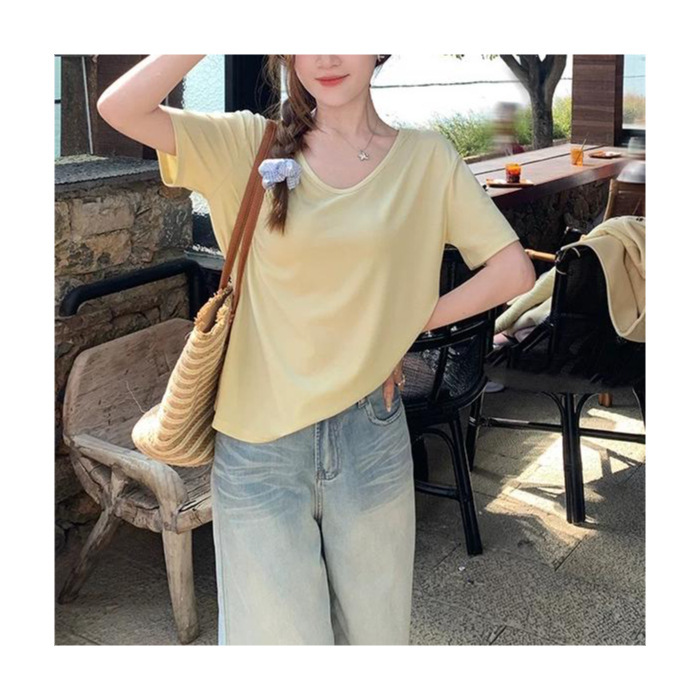 右肩Uネック白Tシャツレディース半袖2025年夏新作カジュアル無地万能ゆったりスリム半袖トップス|undefined
