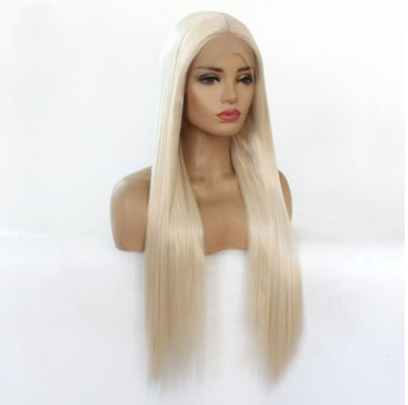 Peruca blanca fibra química frente encaje largo cabello recto europeo y americano encaje cabello largo cubierta de cabello LW0290