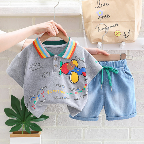 Summer short-sleeved suit for small and medium-sized children, baby boy, cute cartoon lapel shorts two-piece set, manufacturer wholesale 2 years old