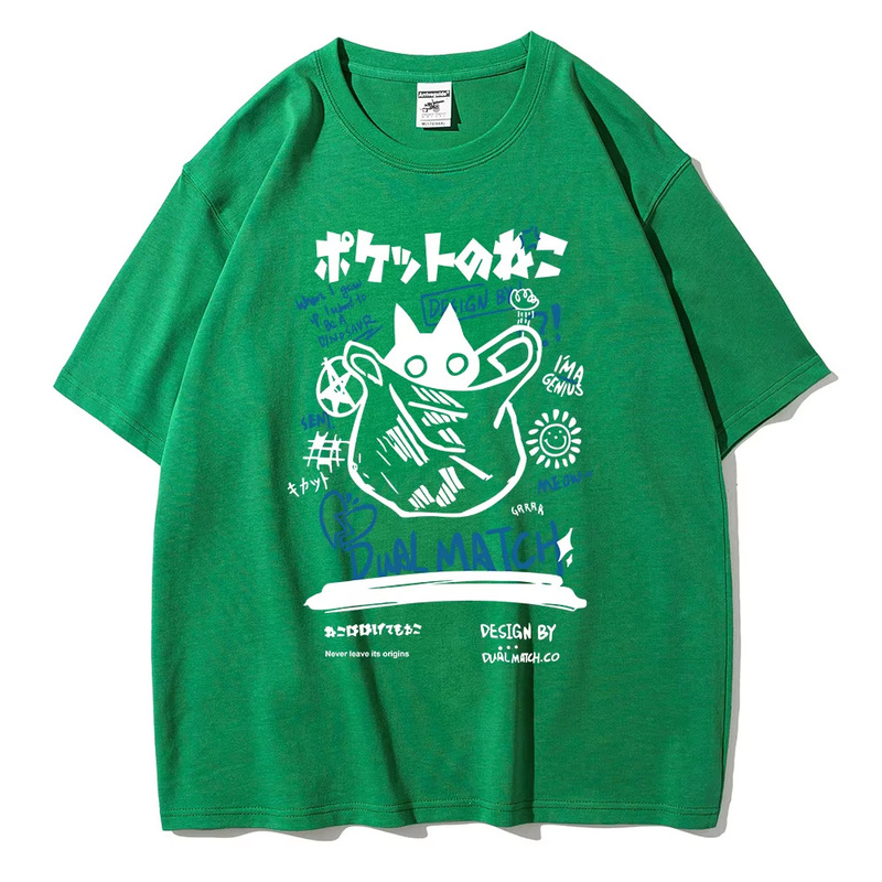男女2024原宿川合伊猫プリント半袖tシャツ夫婦街頭カジュアルゆったり服Y2Kトップス|undefined