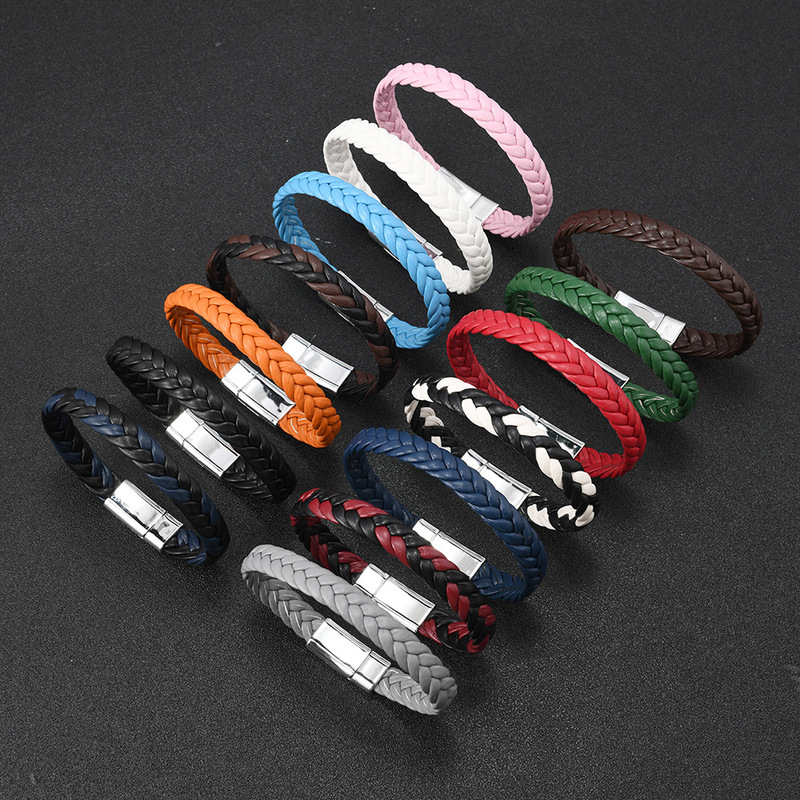 Cross-Border Hot-Selling Colorful Bracelets Leather Braided Simple and Fashionable Leather Electroplated Silver Magnetic Buckle Bracelets for Men and Women Couples