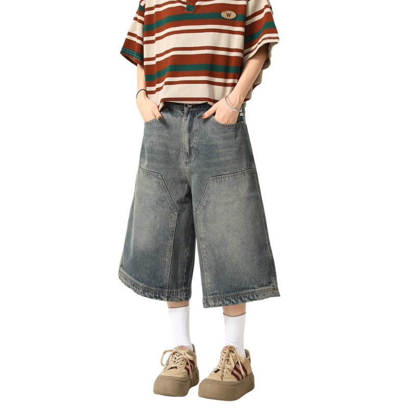 Custom Oem/Odm American Retro Street Washed Denim Cropped Wide-Leg Jeans Versatile Trendy Brand