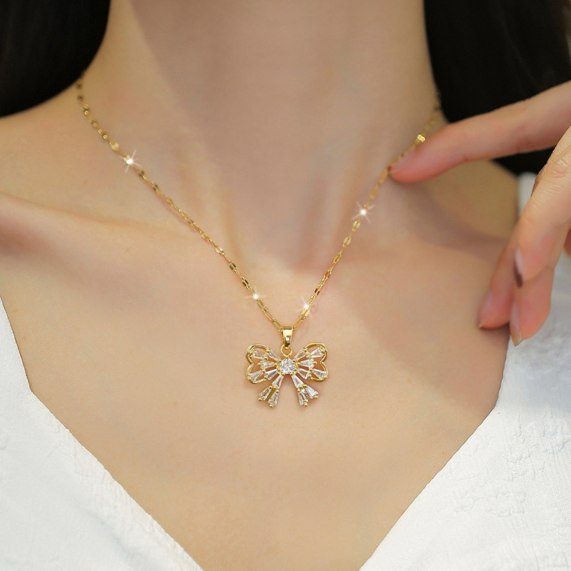13g Weight Zircon Inlay Material Earrings, Necklace Classification Sweet Bow Knot Titanium Steel Plating Inlay Zircon Earrings Necklace