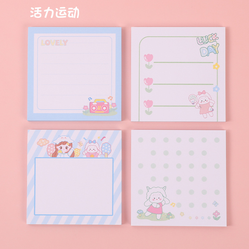 Etiqueta engomada de la nota de la muchacha del corazón de la nota pegajosa combinación de dibujos animados de 4 piezas