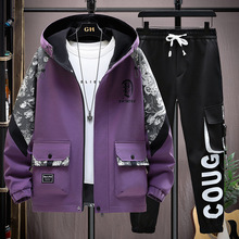 2025春秋季新款连帽夹克套装男帅气百搭潮流宽松潮牌印花两件套