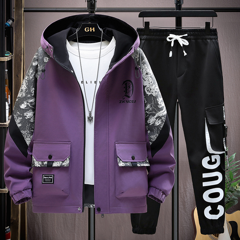 2025春秋季新款连帽夹克套装男帅气百搭潮流宽松潮牌印花两件套