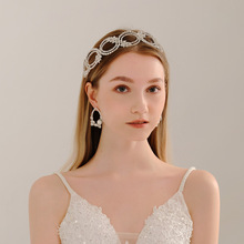 新娘飾品發箍耳環頭飾套裝鏤空合金鑲鑽發飾品結婚兩件套耳環頭箍