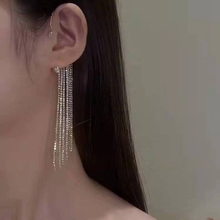 Super Fairy Elegant Long Diamond Tassel Ear Hanging Women's South Korea Niche Design C- type Ear Clip without Ear Holes National Style Earrings