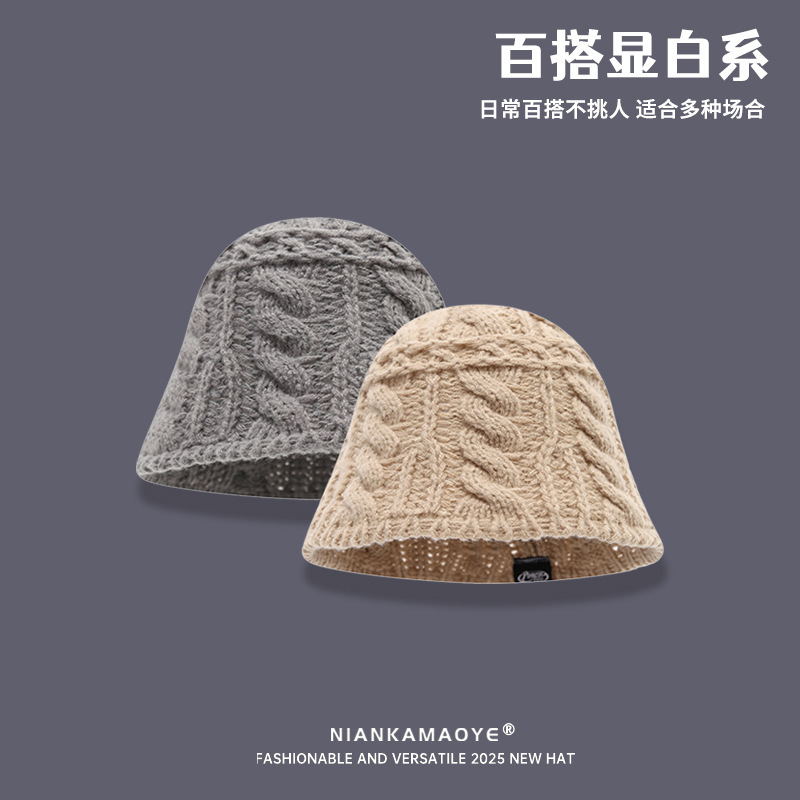 软糯黑秋冬款纯色羊毛粗纹路帽子保暖针织慵懒羊绒圆顶渔夫盆帽女|undefined