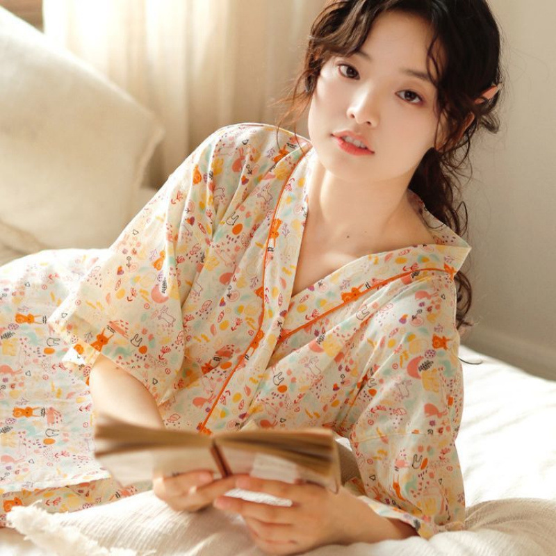Ins Nightgown Women's Summer Style Cotton Sexy Long Sweet Japanese Style Summer Thin Bathrobe Short-Sleeved Home Clothes
