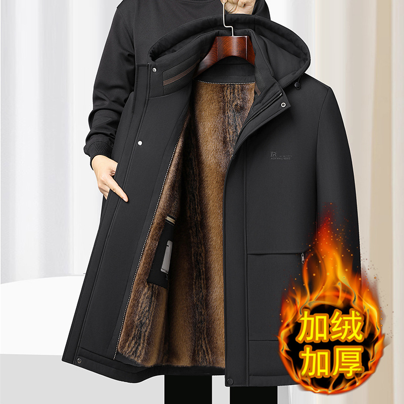 Live-stream source: Men's Tang-style cotton-padded coat, detachable lining, hooded, mid-length, fleece-lined, thickened cotton-padded coat for middle-aged and elderly people.
