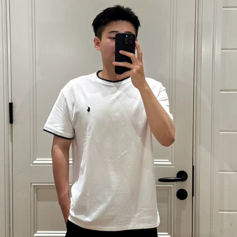 Foreign Trade Rl Classic Pony Embroidered Pique Cotton T-Shirt with Trimmed Cuffs, Round Neck, Short Sleeves, Versatile Men's Top
