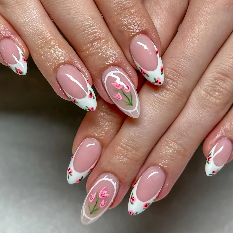 24 Pieces Almond Shape French Manicure Patch - Sweet Tulip Flower Design, White and Pink Glossy