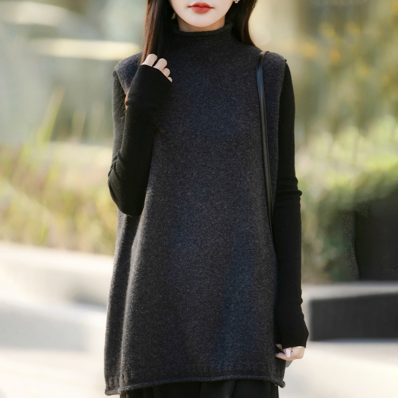 Cross-border French-style casual half-high collar layered thick knitted vest for women, autumn and winter warm sleeveless mid-length sweater