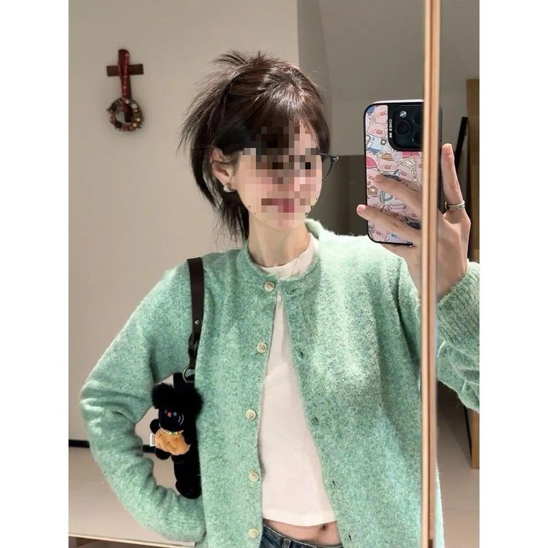百搭薄荷绿卷边针织开衫女春秋百搭绿色上衣早春外搭软糯毛衣外套|undefined