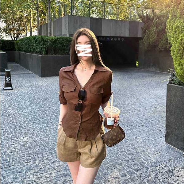 高智感亚麻中袖正肩收腰衬衫御姐风后背绑带收腰领翻领衬衣女|undefined