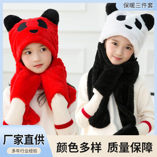 2023 New Winter Gloves, Hat and Scarf Integrated Warm Three-Piece Set Cartoon Red Panda Plush Kidsren's Scarf