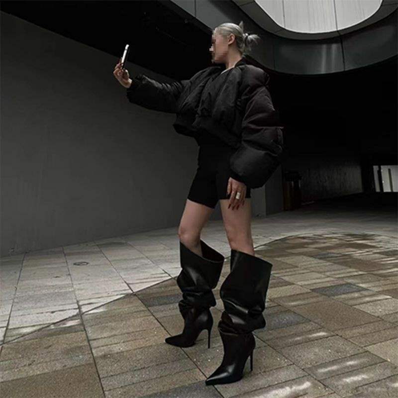 2025 New Punk Style Stiletto Pointed Toe Riding Boots, Starry Dark Style Ruched Over-The-Knee Boots for Women