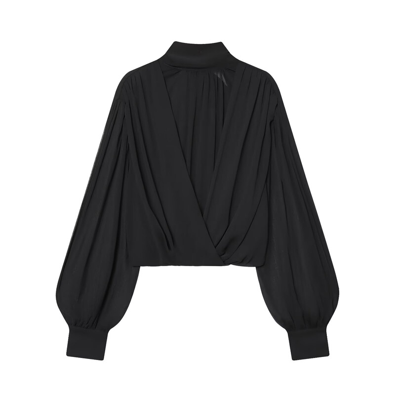 Zr Women's European and American Style 2025 Winter New French Style Black Pleated Translucent Balloon Style Shirt
