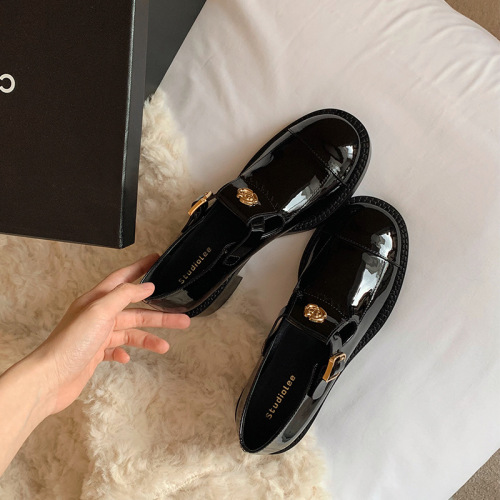 GrannyMama StudioLee: Elegant Camellia Round-Head Buckle Strap Chunky Heel Platform Mary Jane Leather Shoes for Women