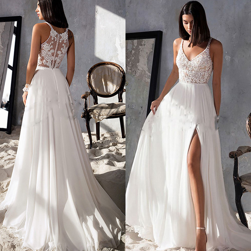 Cross-border European and American women's V-neck front high split chiffon wedding dress lace applique thin shoulder strap dress factory direct sales