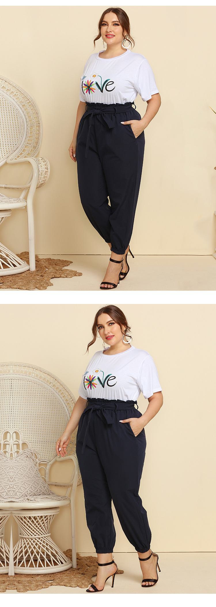 plus size round neck printed T-shirt long pants two-piece  NSJR31742