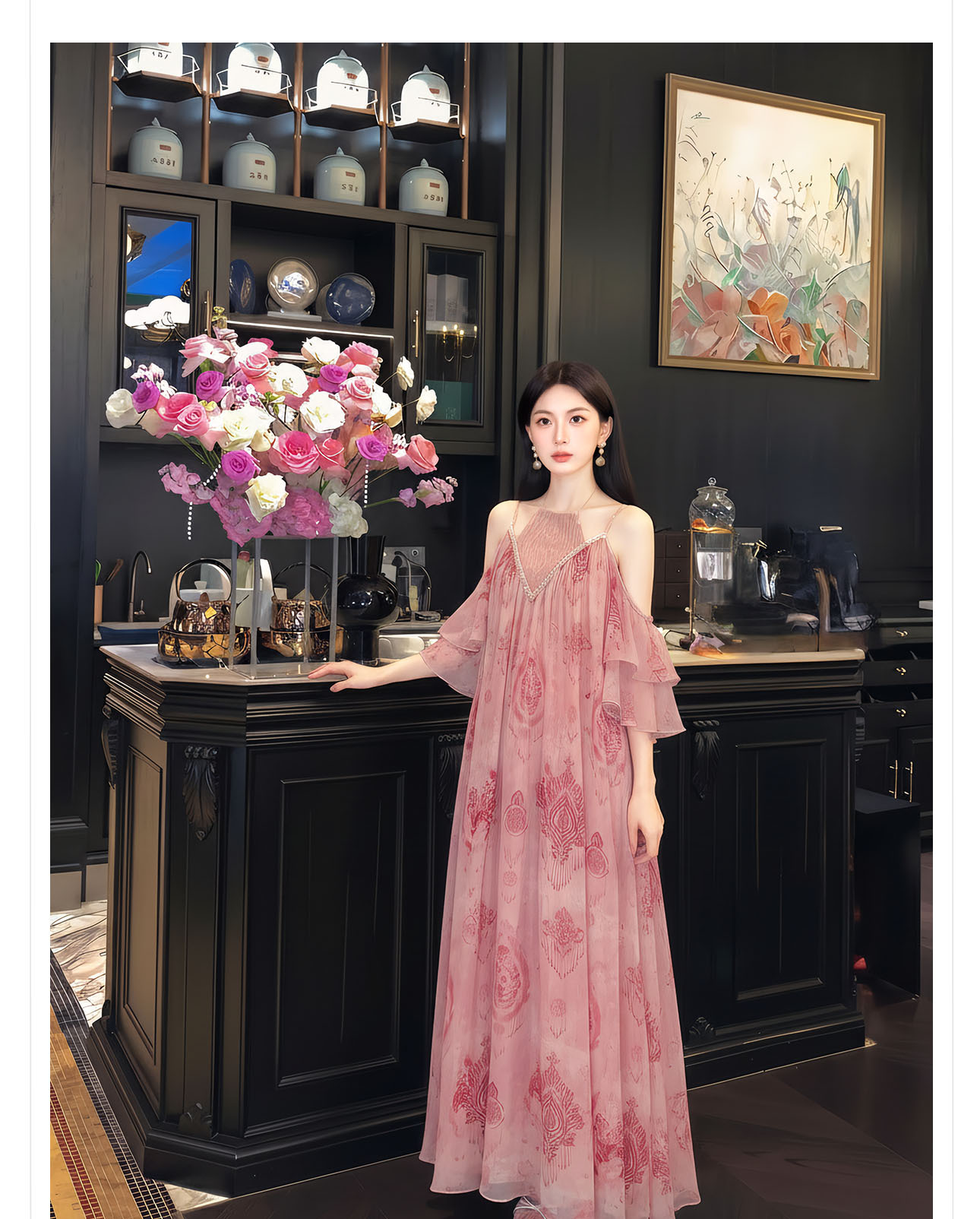Đầm maxi nữ thắt eo ren cổ yếm phong cách Tây Mễ Á — Bột Lệ, Thuốc lá xanh chi tiết 10