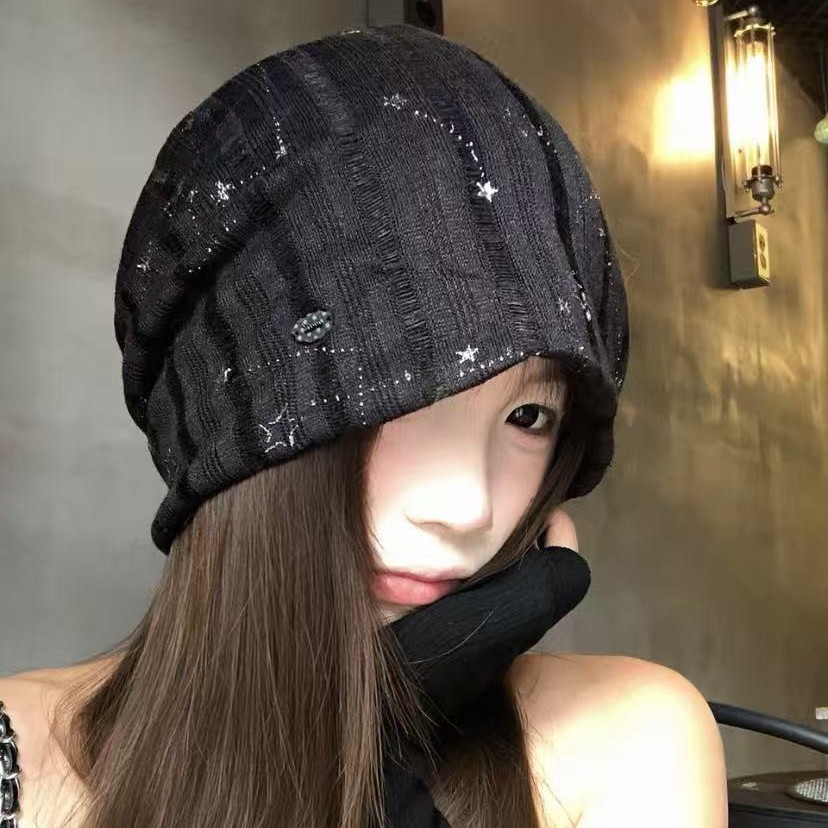 Korean-style star-shaped headscarf hat for women, black with ties, vintage, makes the face look smaller, suitable for outings and photo shoots, versatile headscarf hat