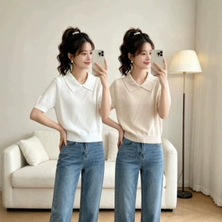 夏季简约薄款白色polo领冰丝短袖女2026新款针织t恤女设计感上衣