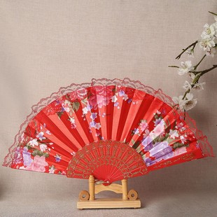 Chinese Fan Silk Lace Fan Ladies Printed Elegant Dance Fan Gold Edge Fan Handle Lace Folding Fan