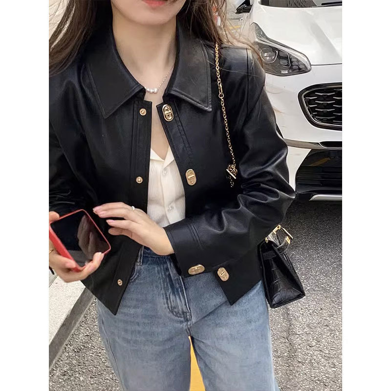 Black Leather Jacket for Women, Autumn New Design, Niche Lapel, Gold Button, Short Motorcycle Jacket Top