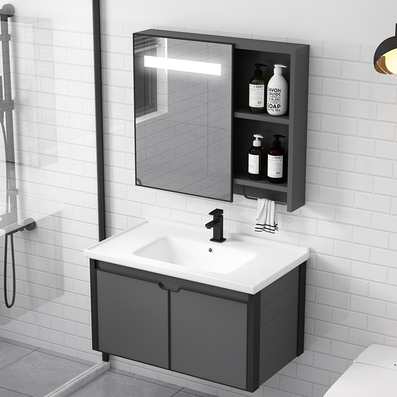 Gabinete de baño de aluminio del espacio combinación simple Placa de roca cuenca integrada lavabo de baño mesa de lavado lavabo inteligente